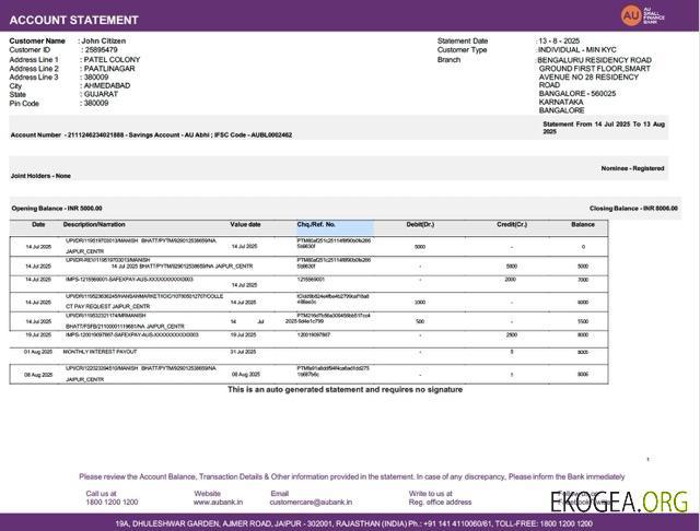Modèle Word et PDF de relevé de compte bancaire India AU Small Finance, version 2